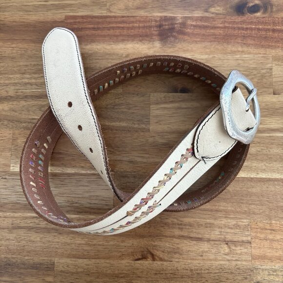 VTG Lucky Brand Leather Belt Womens L Flower Buckle Y2K Boho Southwestern Navajo - Picture 6 of 16